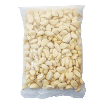 Bag of garlic cloves on a white background